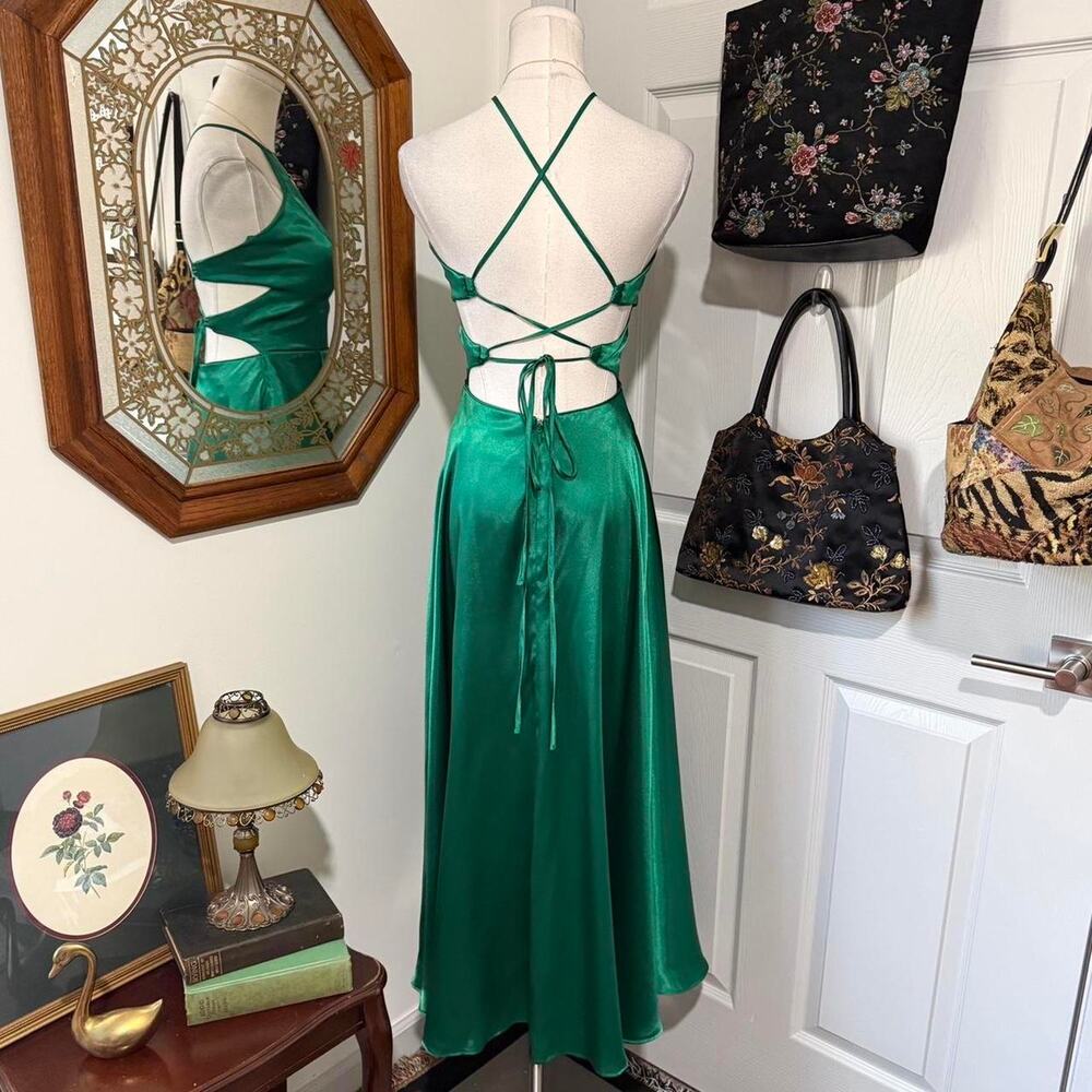 Y2K Blondie Nites Emerald Green Satin Halter Neck Lace Up Corset Formal Dress 3 - Picture 5 of 6